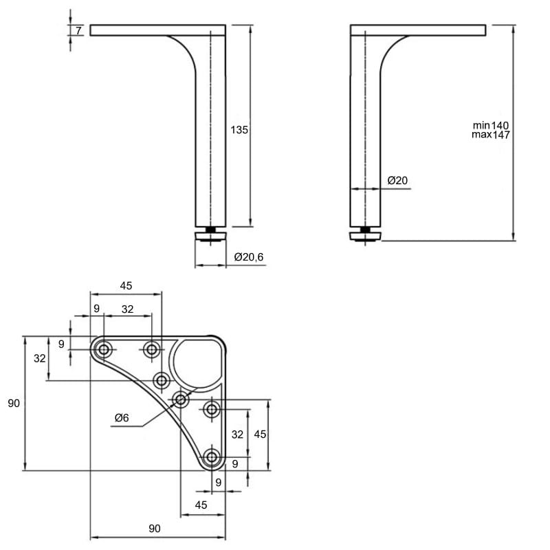 Ніжка меблева Ferro Fiori M 12050, h=140, max 200кг, чорний