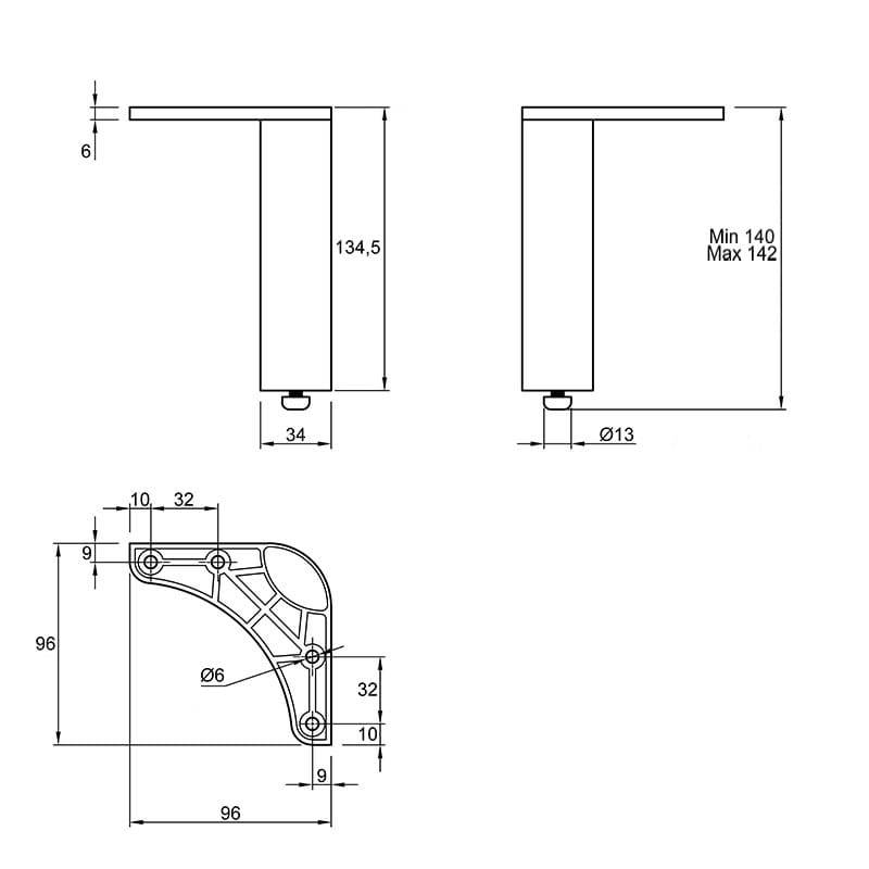 Ніжка меблева Ferro Fiori M 12070, h=140, max 200кг, чорний