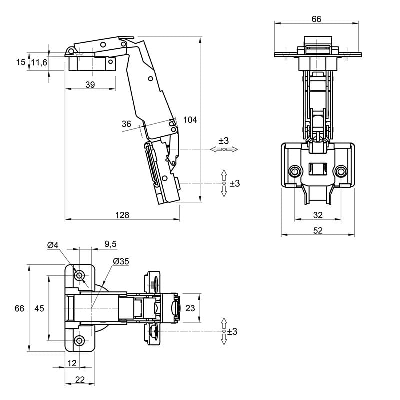Петля Clip-On, 165°, трансформер, без пружини, никель, 3D Muller Profi Line Петля Clip-On, 165°, трансформер, без пружини, никель, 3D Muller Profi Line