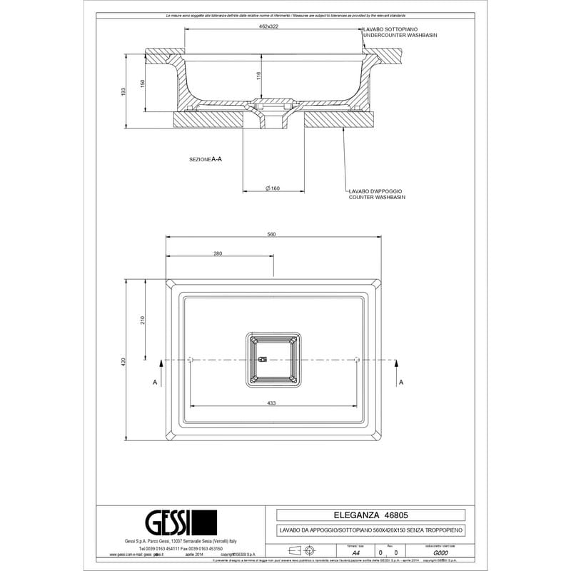 Умывальник накладной Total Look без перелива 42x56 белый (46805-516) Gessi
