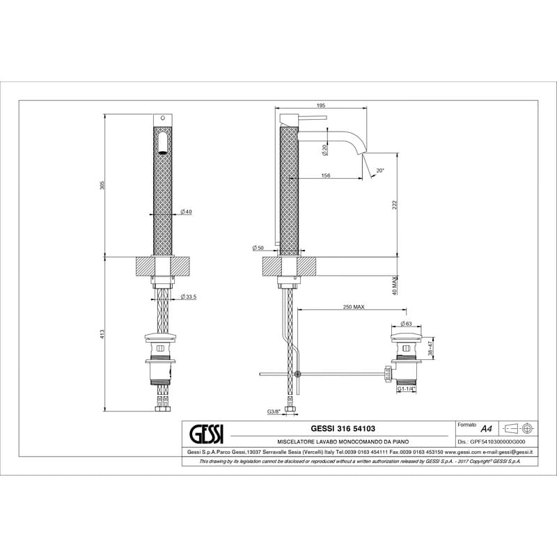 Змішувач для умивальника 316 Intreccio високий з донним клапаном, Steel brushed (54103-239) Gessi