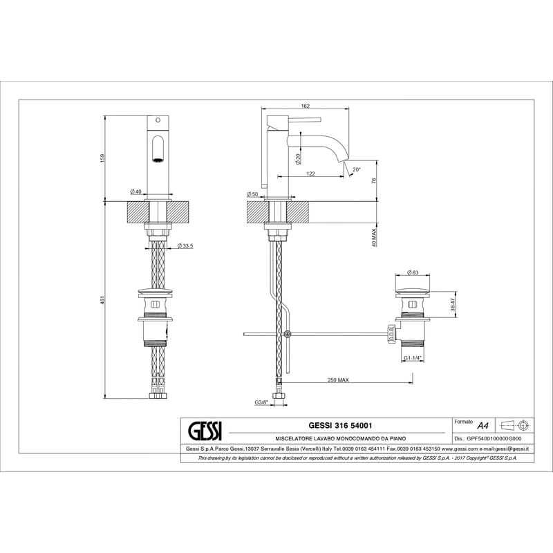 Змішувач для умивальника 316 FLESSA з донним клапаном, Steel brushed (54001-239) Gessi