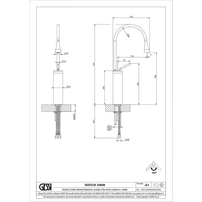 Змішувач для умивальника Goccia високий, хром (33608-031) Gessi