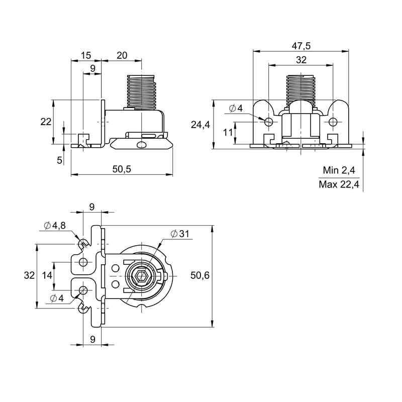 Опора INTEGRATO TECH D со штифтами Ø5 мм / регулировка H=20 мм (мин. 35 мм до дна) / 175 кг, Italian