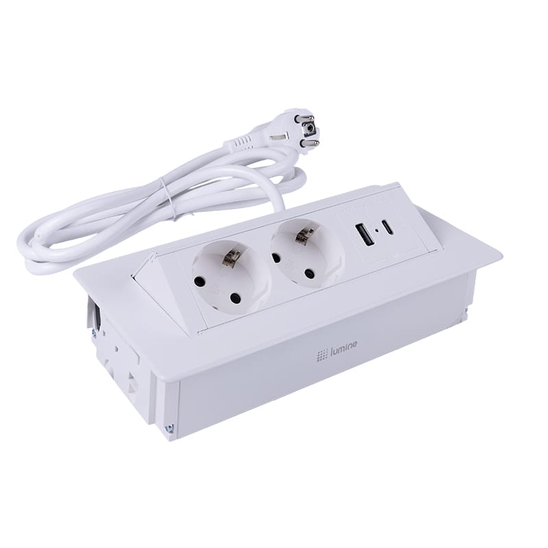 Вбудований розетковий блок Lumine SPACE 2xрозетки, 2xUSB A+C (30W), білий NEW Вбудований розетковий блок Lumine SPACE 2xрозетки, 2xUSB A+C (30W), білий NEW
