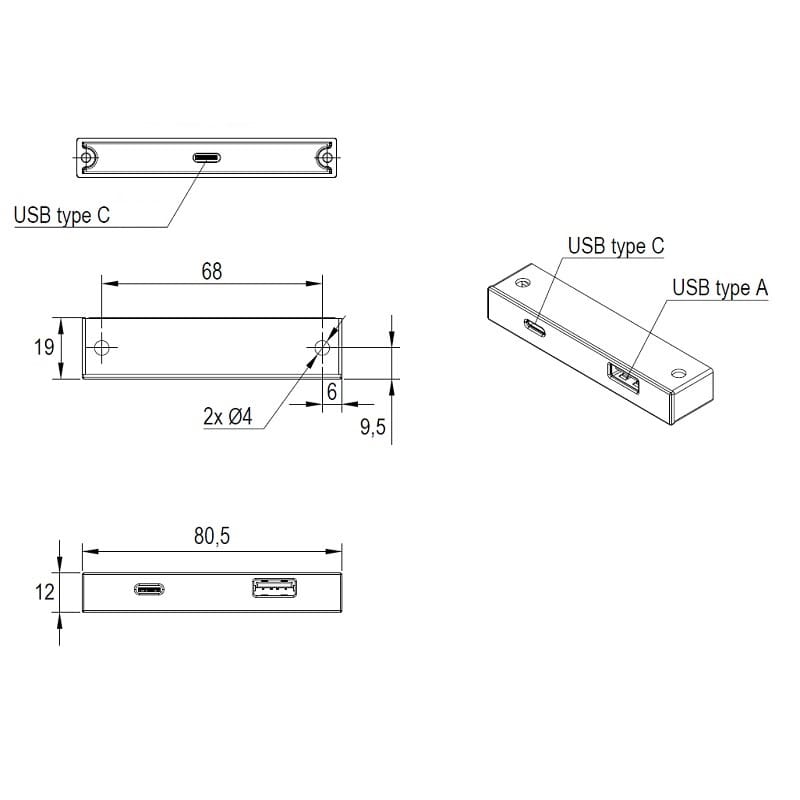 USB-розетка овальна Lumine PULSE, 2xUSB A+C (30W), чорний