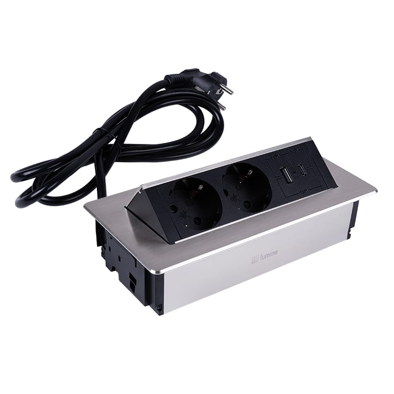 Встраиваемый розеточный блок Lumine SPACE 2 розетки, 2 USB A+C (30 Вт), никель-браш NEW