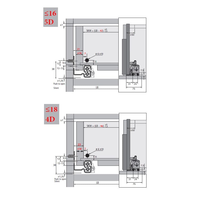 Комплект напрямних прихованого монтажу Quadro V6 5D L=550 P2O повн.в., M (30кг) Hettich