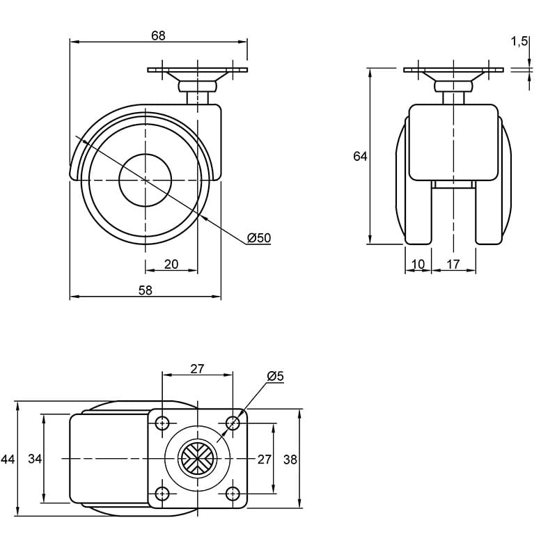 Ролик пластиковый HTS 401 с площадкой, Ø 50мм, max 30кг, черный