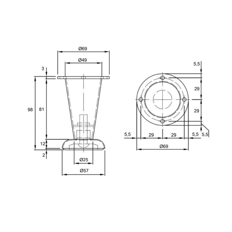 Ніжка меблева NZ 0904, конусна, DZ 09 / Steel G2, h=98 мм, max 100 кг, сталь