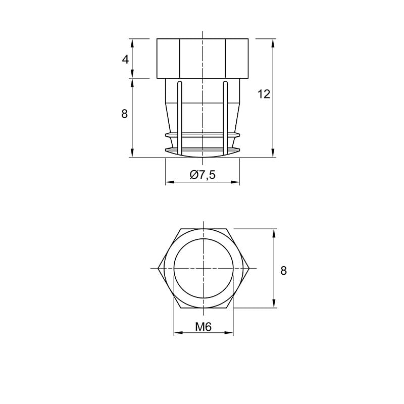 Муфта М6 L=12 D=8, забивна, з нейлоновою кулькою, латунь, розтискна, (BU12) Permo Муфта М6 L=12 D=8, забивна, з нейлоновою кулькою, латунь, розтискна, (BU12) Permo