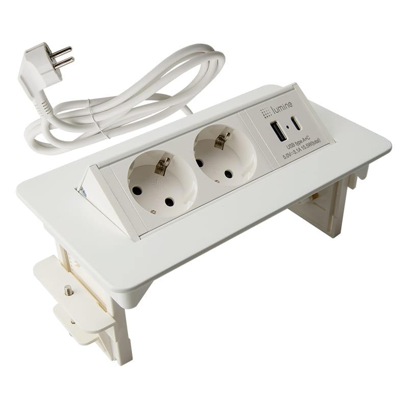 Встроенный розеточный блок Lumine SPACE 2xрозетки, 2xUSB A+C (15,5W), белый