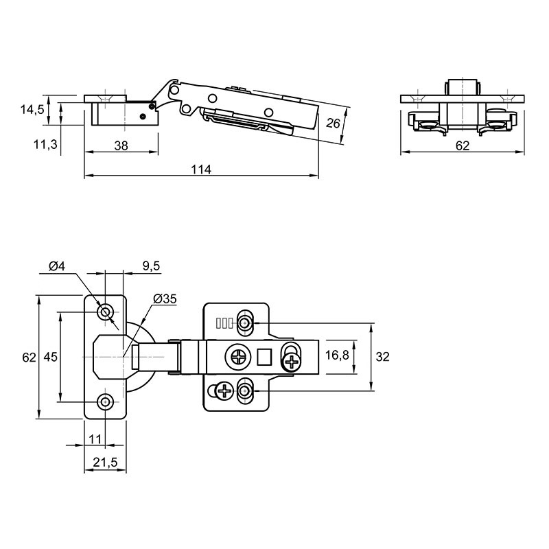 Завіса Clip-On, 105°, накладна, без пружини, нікель, 3D, Muller Profi Line Завіса Clip-On, 105°, накладна, без пружини, нікель, 3D, Muller Profi Line