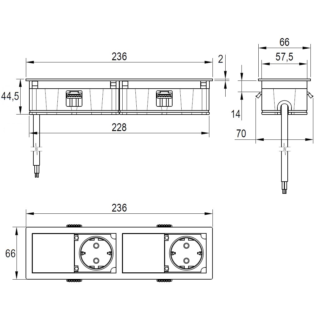 VersaHIT MONO Розетковий блок подвійний, 2 розетки, 110-220V, 16A, IP54, чорний мат (06025F00028)