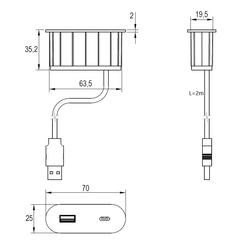 VersaPICK USB-розетка овальна, 1 USB порту (5V/9V, 3А/2A), 110-220V, IP20, ZAMAK, нержавіюча сталь (06029Z00057)