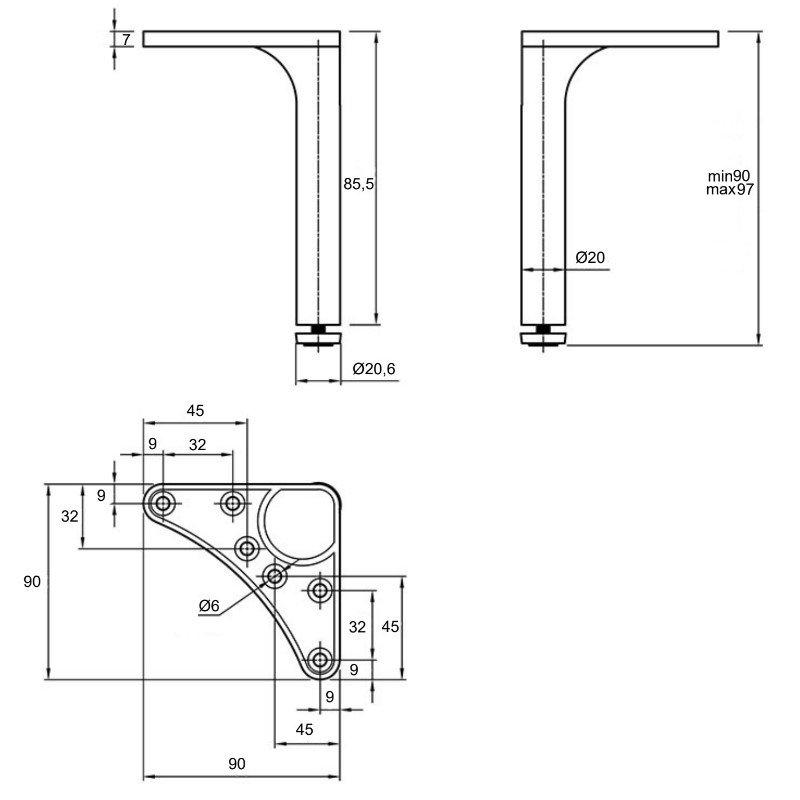 Ніжка меблева Ferro Fiori M 12050, h=90, max 200кг, чорний
