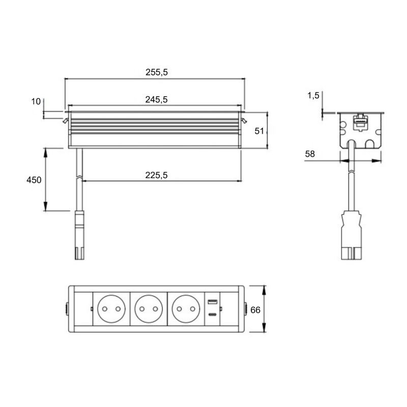 VersaFRAME Розетковий блок, 3 розетки  + 1 USB, порт 5V(А+С) , 110-220V, 16A, IP20, чорний мат / анод. алюміній (06040F00007