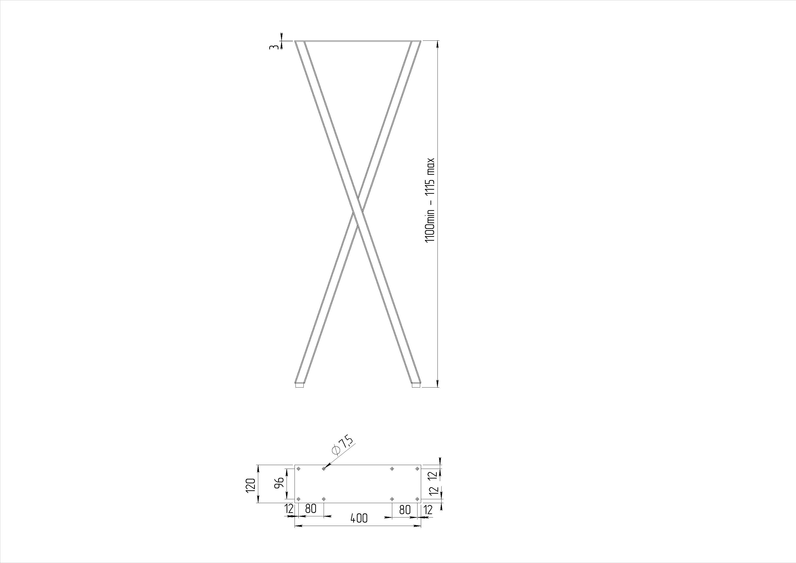 Опора для столу X бар, 400х60мм, h = 1100мм, сірий Ral 9006 (Муар) Опора для столу X бар, 400х60мм, h = 1100мм, сірий Ral 9006 (Муар)