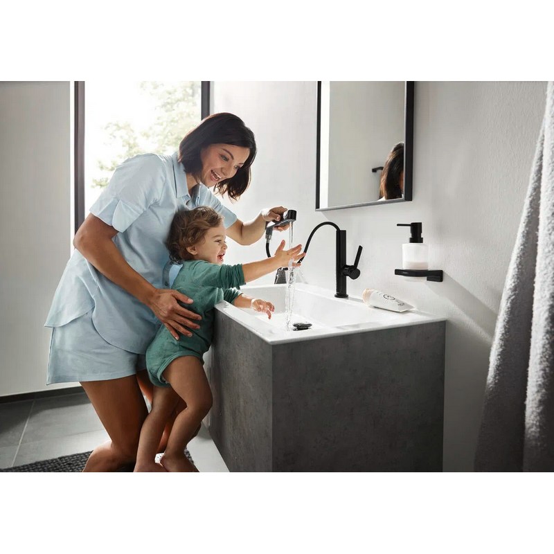 Змішувач для умивальника Finoris 230 з висувним носиком 2JET та д/к push-open, Matt Black Hansgrohe (76063670)