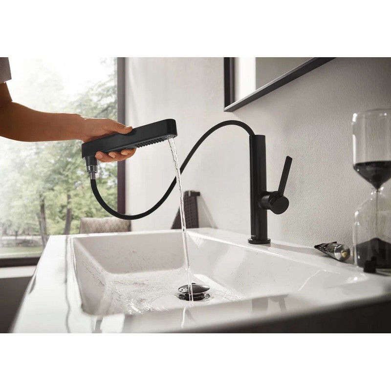 Змішувач для умивальника Finoris 230 з висувним носиком 2JET та д/к push-open, Matt Black Hansgrohe (76063670)