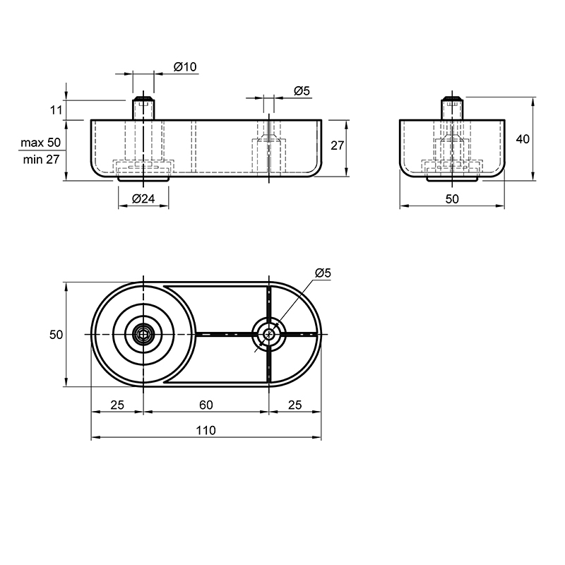 Ніжка під направляючу Ferro Fiori PL 749 A, h=27, max 200 кг, чорний