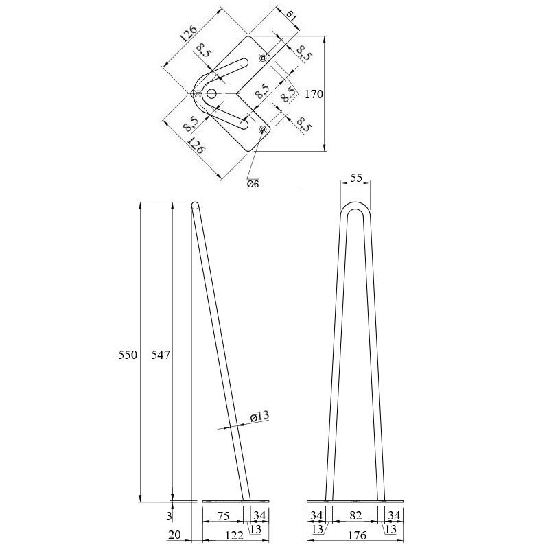 Ножка мебельная HAIRPIN Leg 2ROD Big h55см черная глянцевая
