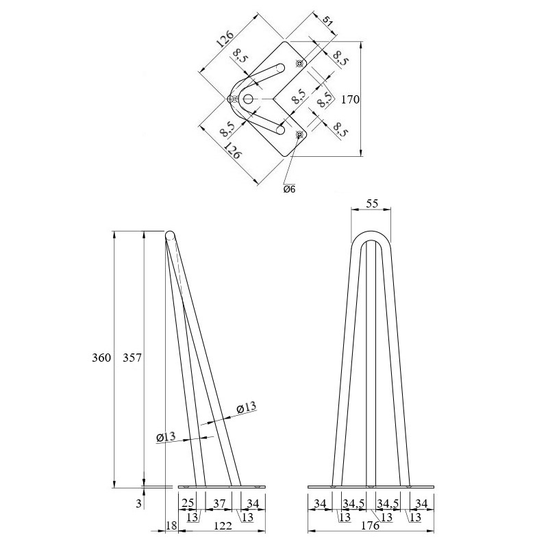 Ніжка меблева HAIRPIN Leg 3ROD Small h36см чорна структурна