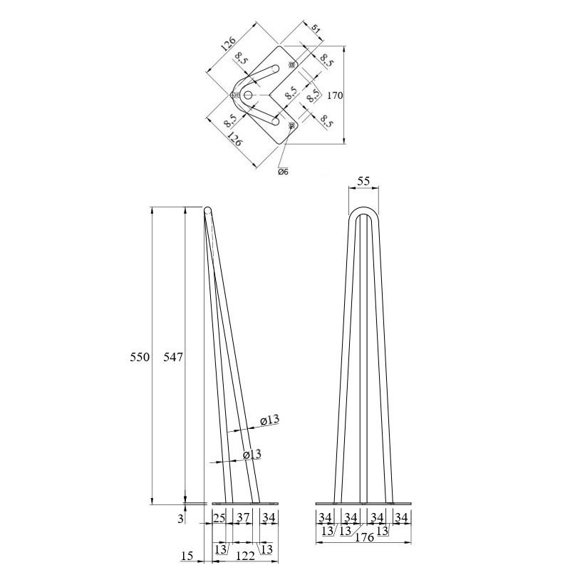 Ніжка меблева HAIRPIN Leg 3ROD Big h55см блакитна