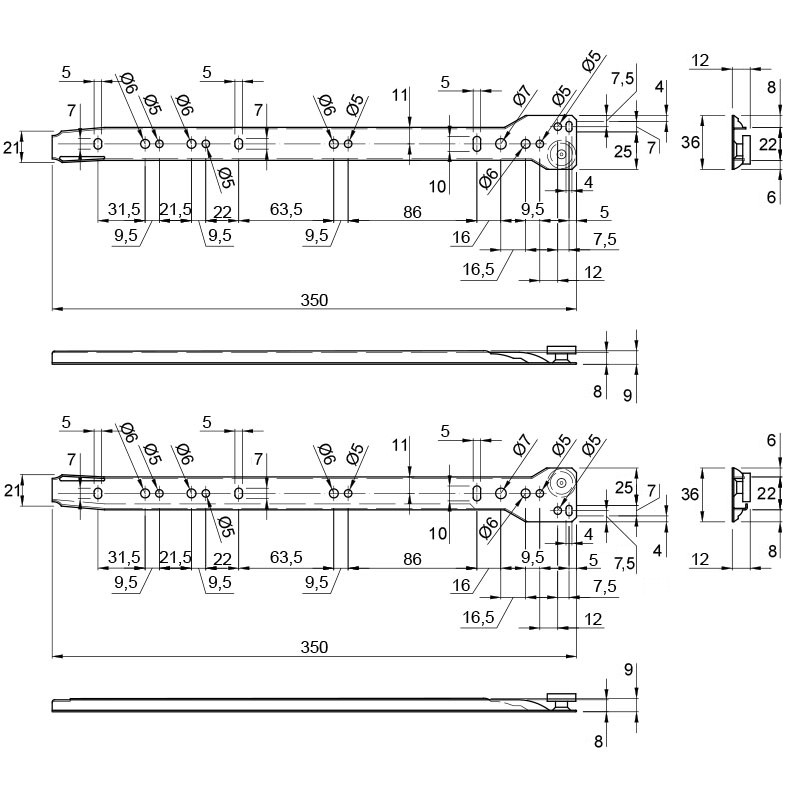 Направляючі роликові L=350mm білі Направляючі роликові L=350mm білі
